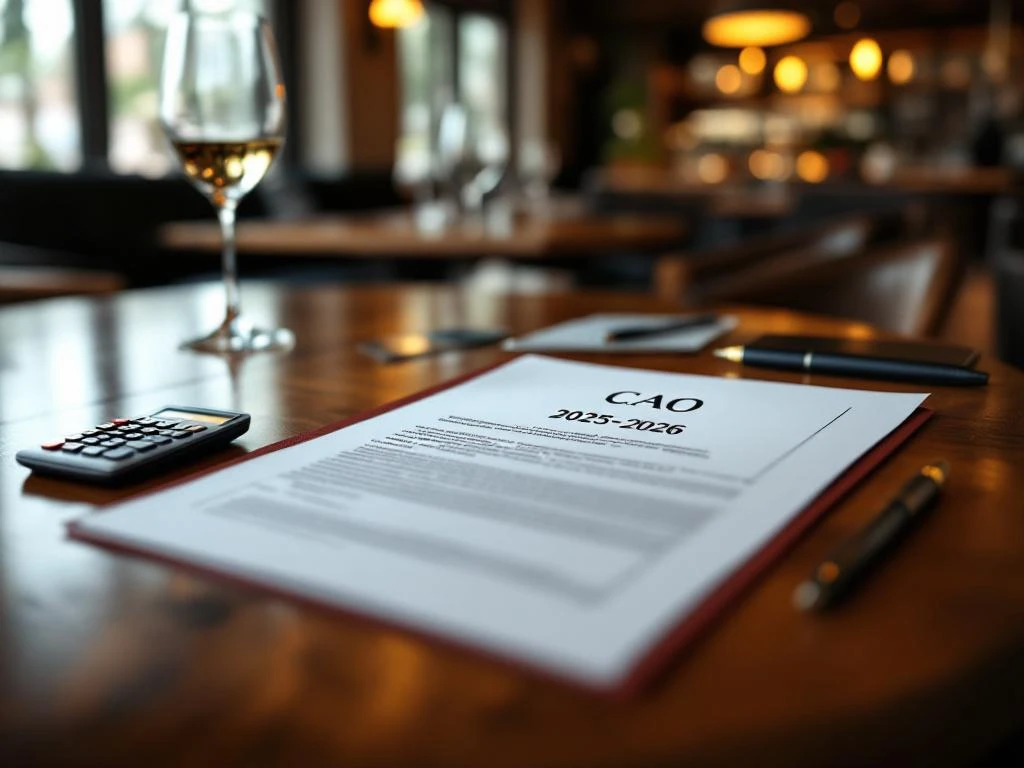 CAO 2025-2026 contract op houten tafel in restaurant met calculator, pen en horeca-elementen in warme sfeerverlichting