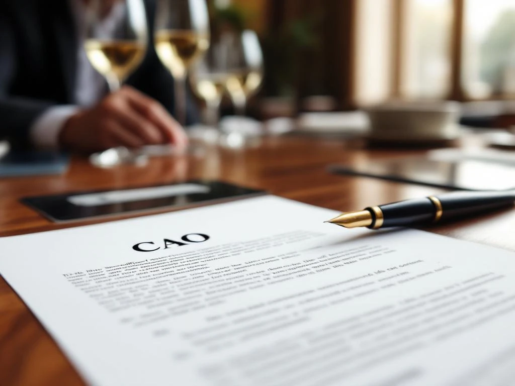 Juridische documenten en contracten met CAO-headers op houten bureau, vulpen ernaast, restaurant achtergrond zichtbaar