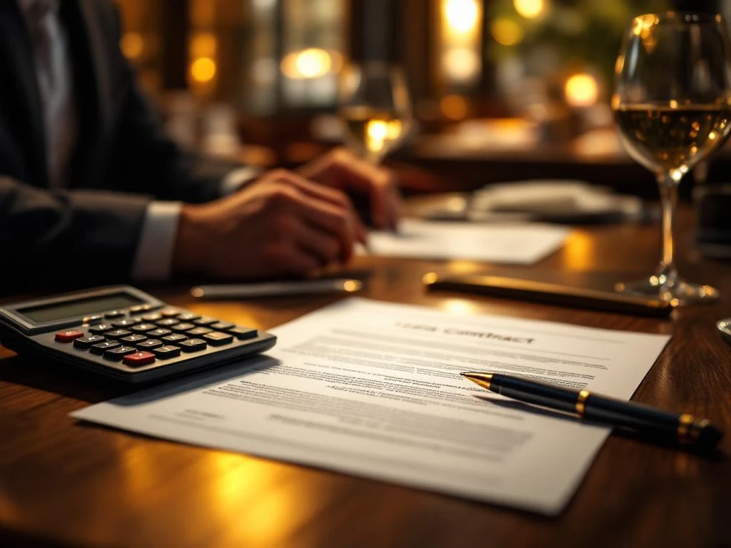 Juridische contractdocumenten op houten restauranttafel met calculator en pen in warm verlichte eetruimte