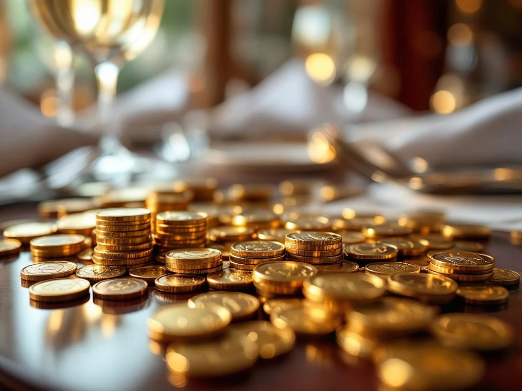 Euro munten en bankbiljetten op restauranttafel met wijnglazen en bestek op de achtergrond