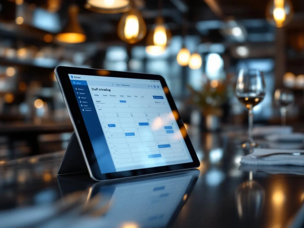 Tablet met personeelsplanning-app op restaurantbar, blauwe interface zichtbaar, warme verlichting op achtergrond
