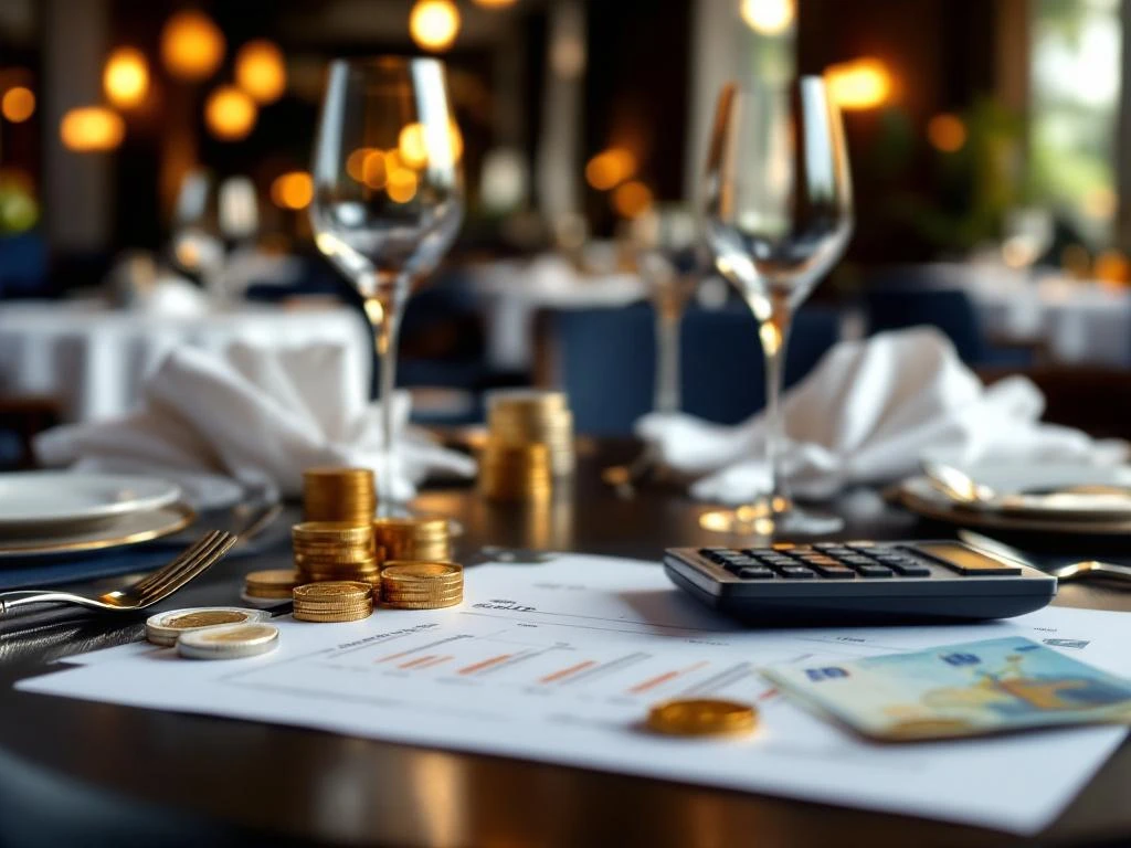 Salarisschalen documenten met rekenmachine op bureau, eurobiljetten en munten, elegante restauranttafel op achtergrond