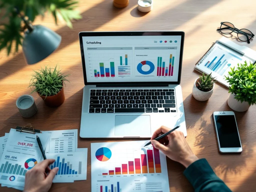 Laptop met kleurrijke planningsgrafieken op houten bureau omringd door overtijdberekeningen en digitale klok