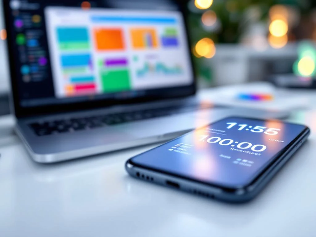 Smartphone met digitale urenstaat-app naast laptop met kleurrijke planningssoftware op wit bureau