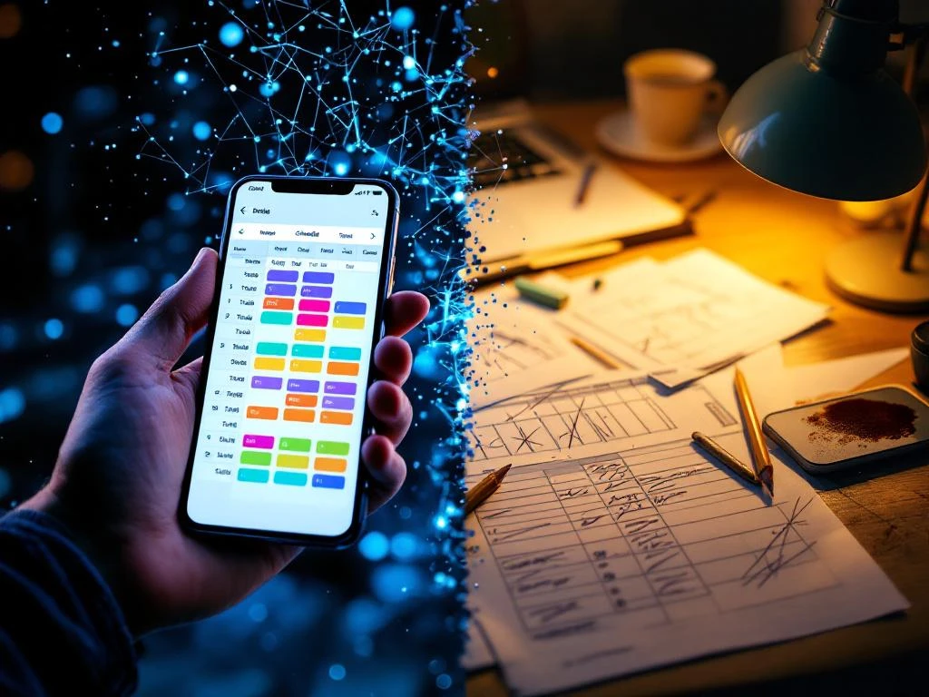 Smartphone met georganiseerde planning-app naast rommelig bureau met papieren schema's vol doorhalingen en koffievlekken