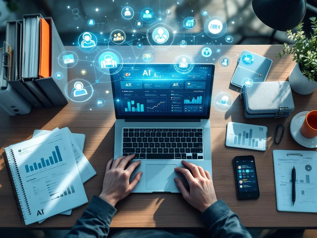 Moderne kantoorbureau met laptop met AI-dashboard, HR-bestanden, tablet en zwevende holografische data-elementen