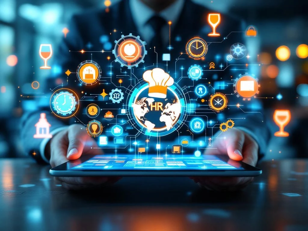 Tablet met kleurrijke HR-automatisering dashboard, omringd door holografische restaurant iconen in modern kantoor