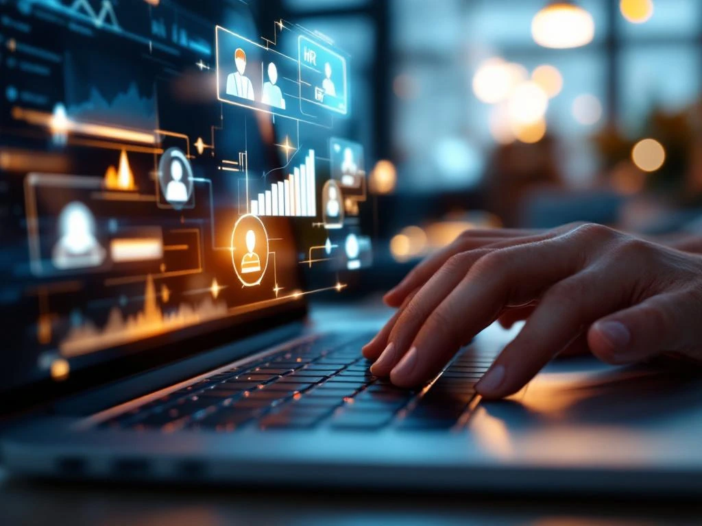 Handen typen op laptop met zwevende holografische HR-dashboard panelen en data visualisaties in moderne kantooromgeving