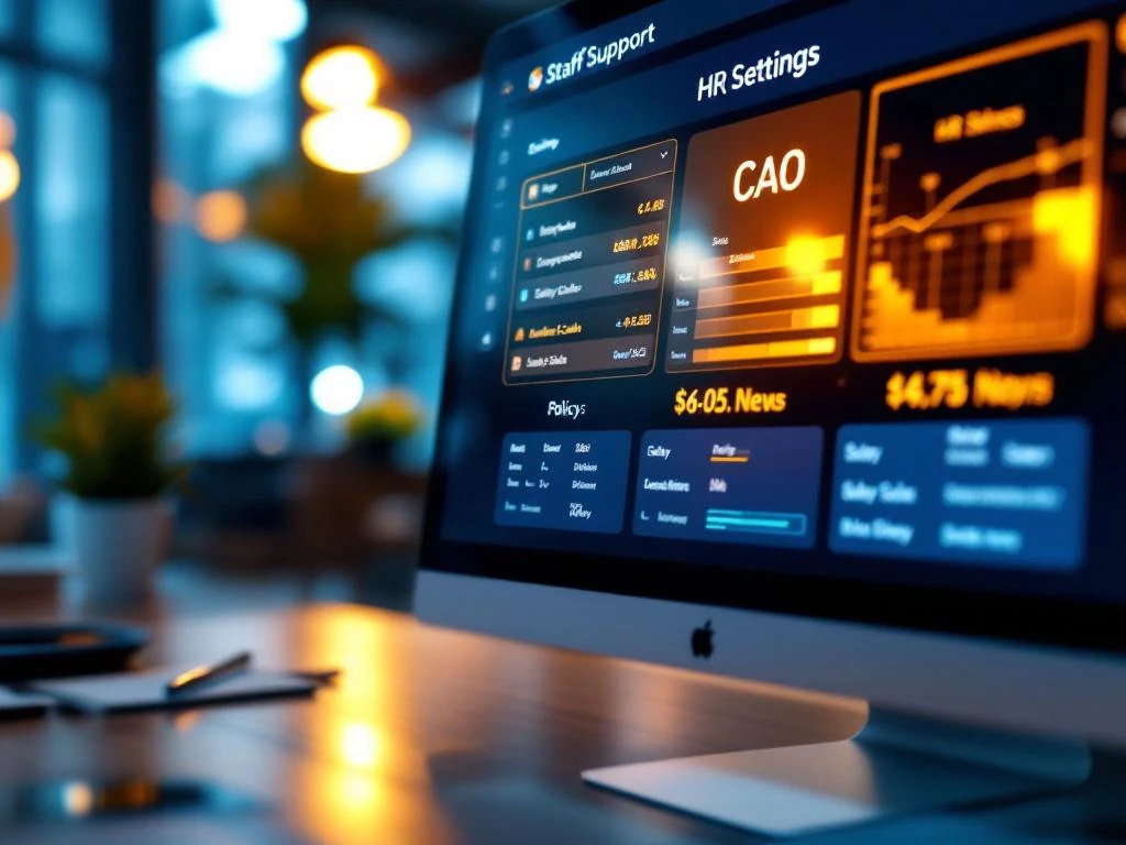 HR-software interface op computerscherm toont CAO-instellingen, salarisschalen en personeelsgegevens in moderne kantooromgeving