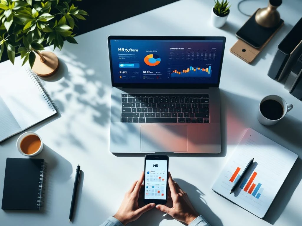 Bovenaanzicht van modern bureau met laptop, tablet en smartphone die HR-software interfaces tonen met analytics en planning