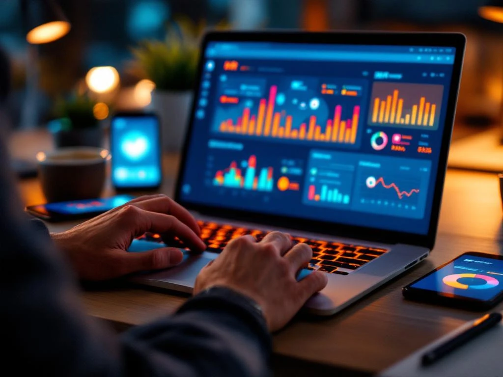 Handen typen op laptop met HR-software dashboard, omringd door smartphones en tablets in moderne werkruimte