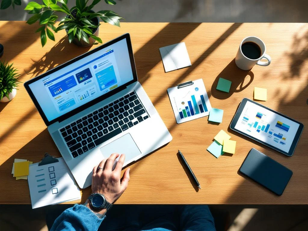 Moderne kantoorbureau met laptop met HR-dashboard, checklist, tablet met organigram en planningsmateriaal