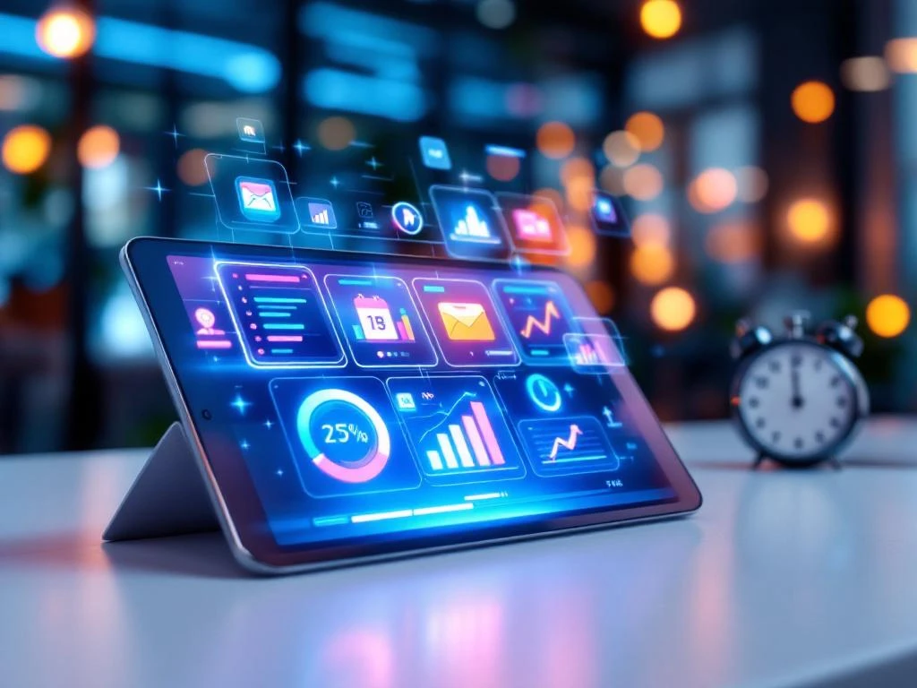 Tablet met kleurrijke HR-software interface en 3D elementen naast stopwatch op wit bureau in modern kantoor