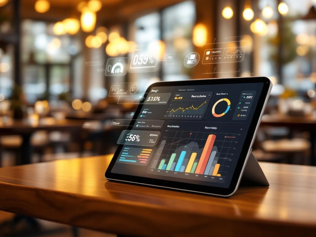 Tablet met loonbeheersoftware toont salarisberekeningen en roosters in elegant restaurant met warme verlichting