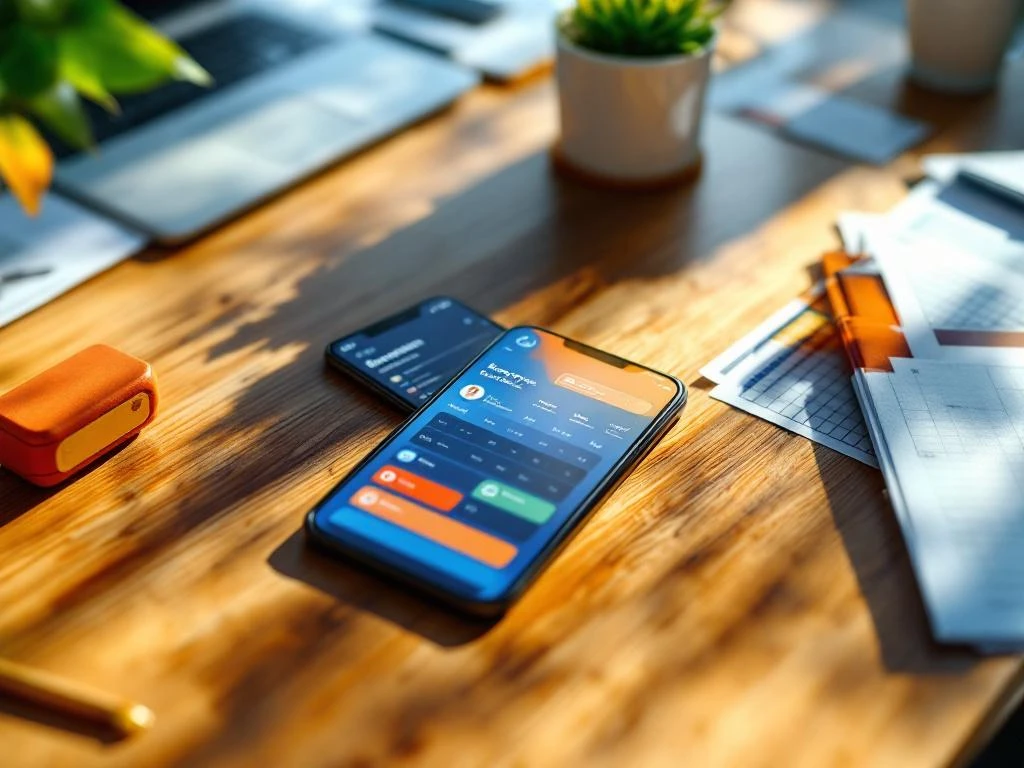 Smartphone met kleurrijke personeelsplannings-app op modern bureau met laptop, koffiekop en agenda's