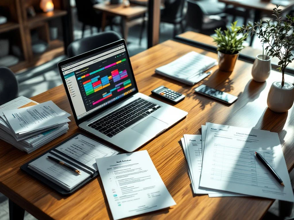 Restaurantmanager bureau met laptop met personeelsplanning software, CAO documenten en professionele planningsgrafieken