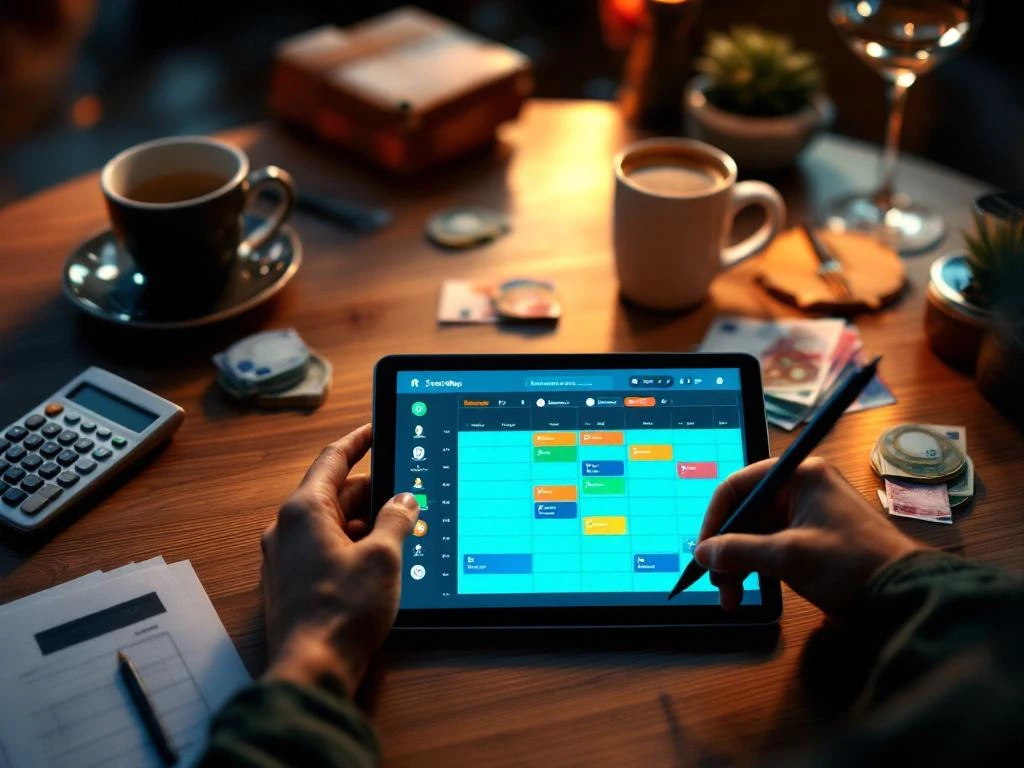 Tablet met personeelsplanning-app op restaurantmanager bureau met euro bankbiljetten, rekenmachine en koffiekop