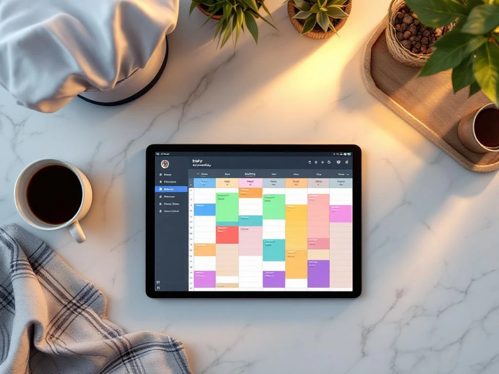 Digitale tablet met kleurrijk personeelsrooster omringd door restaurantbenodigdheden op marmeren werkblad