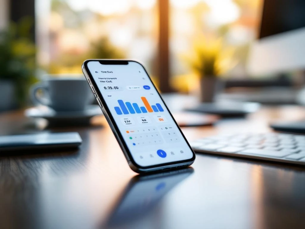 Smartphone met workforce management app toont tijdklok interface op kantoorbureau met toetsenbord en koffiekop