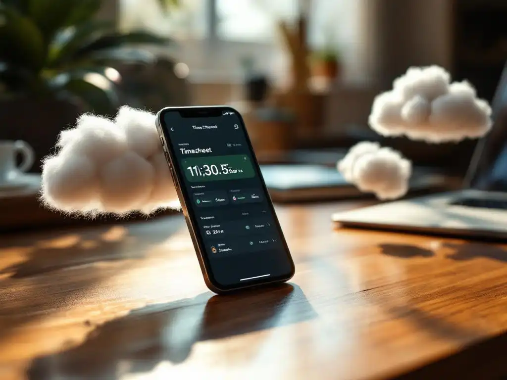 Smartphone met digitale tijdregistratie-app op houten bureau naast witte wolkenvormige decoraties in modern kantoor