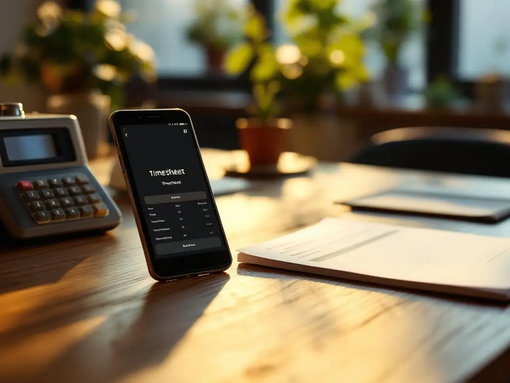 Smartphone met digitale tijdregistratie-app naast traditionele prikklok op modern bureau, natuurlijk licht benadrukt contrast tussen oude en nieuwe methoden