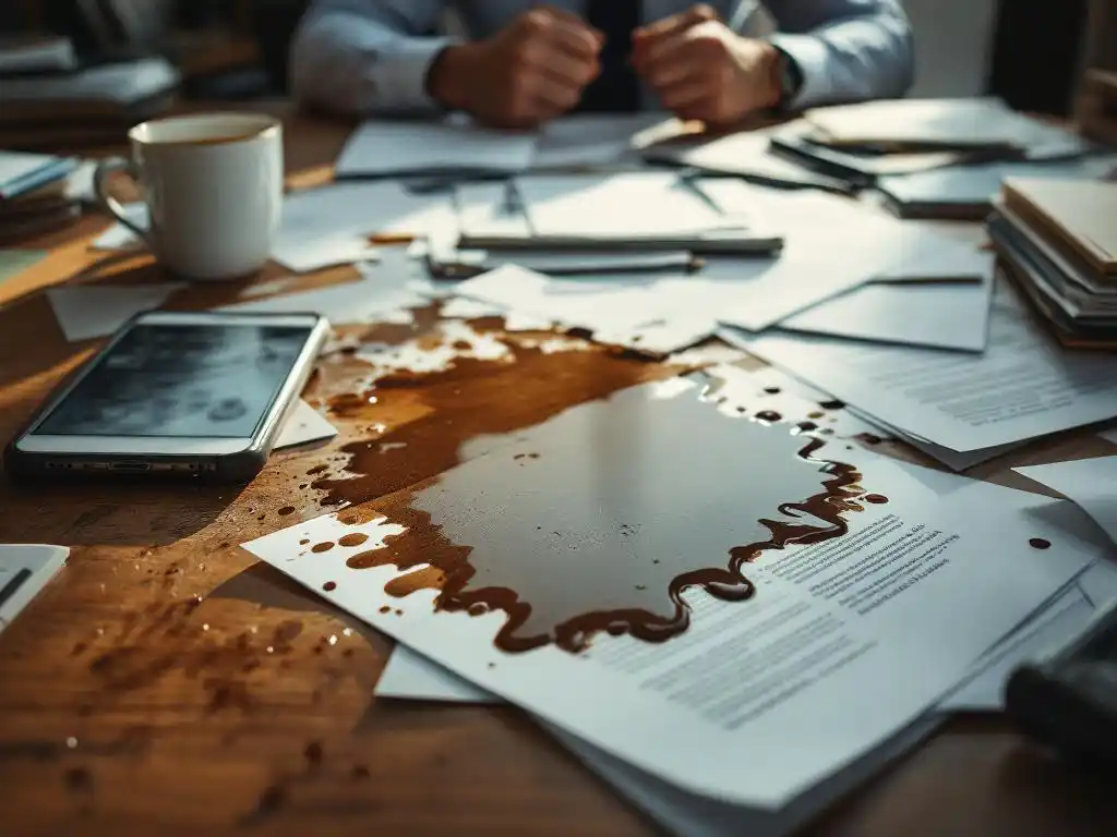 Gestresste zakenman grijpt hoofd boven rommelig bureau met omgevallen koffiekop, verspreide papieren en smartphone
