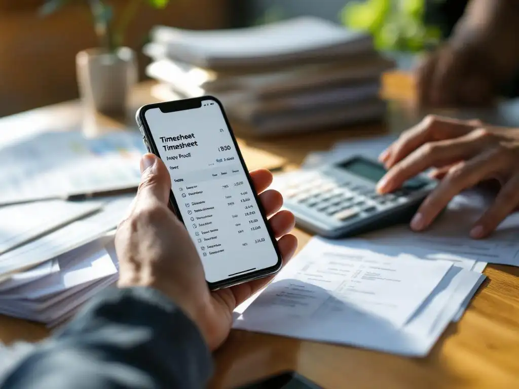 Smartphone met digitale urenregistratie-app op houten bureau naast loonstrookdocumenten en rekenmachine in kantooromgeving
