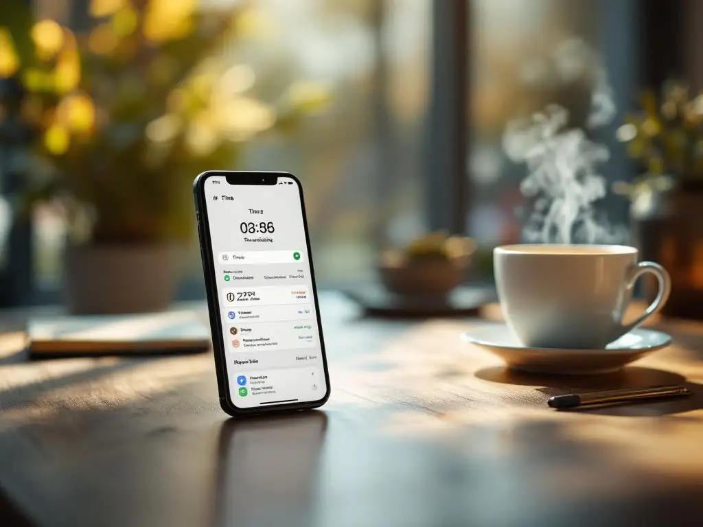 Smartphone met tijdregistratie-app op houten bureau naast dampende koffiekop en notitieblok bij raam