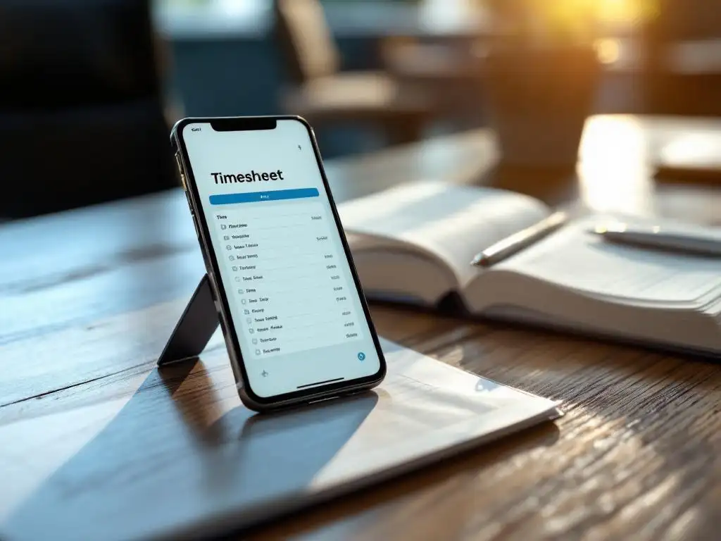 Moderne smartphone met digitale urenregistratie-app naast opengeslagen papieren logboek op houten bureau