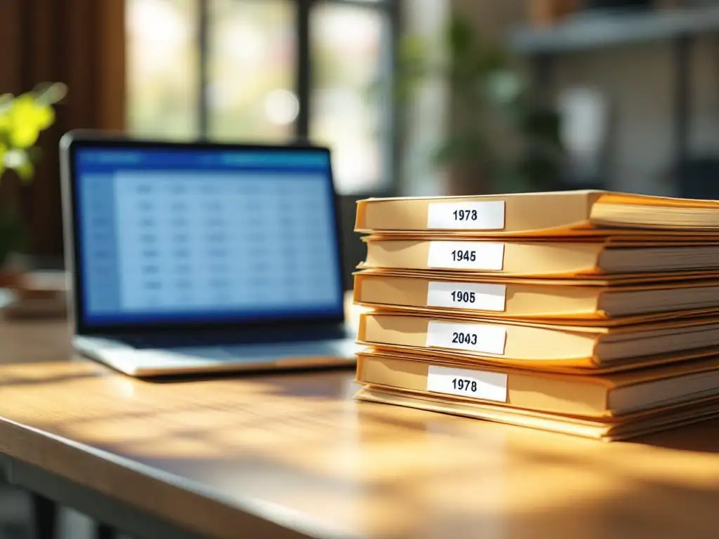 Manila mappen met jaartallen gestapeld op houten bureau naast laptop met timesheetgegevens, natuurlijk licht door raam