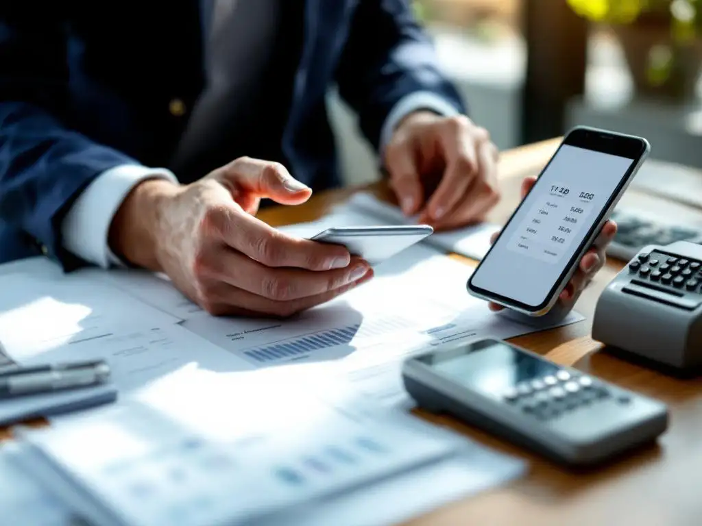 Zakenman vergelijkt digitale timesheet-app op smartphone met traditionele papieren urenstaten en prikklok op kantoorbureau