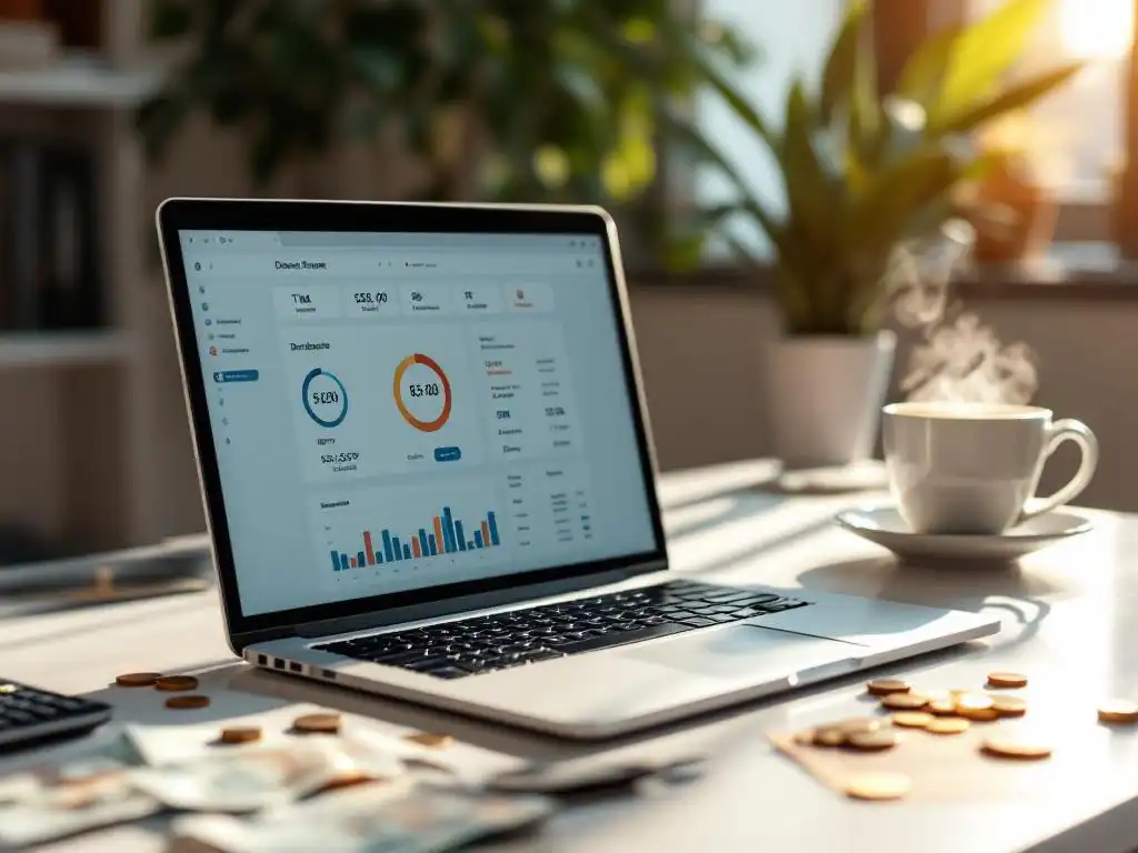 Laptop met tijdregistratie dashboard op wit bureau omringd door eurobiljetten, munten, rekenmachine en koffiekop
