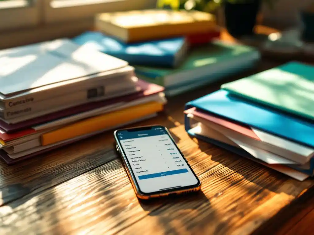 Smartphone met digitale urenregistratie-app op houten bureau naast gekleurde projectmappen en klantdossiers
