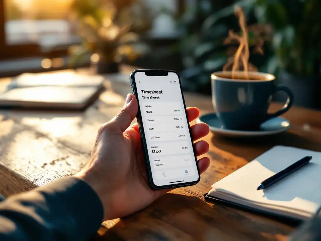 Smartphone met tijdregistratie-app op houten bureau naast koffiekop en notitieboek in kantooromgeving met ochtendlicht