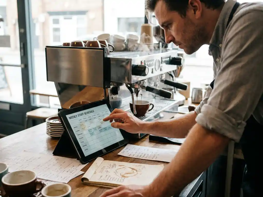 Cafémanager bekijkt weekrooster op tablet naast espressomachine, stoom opstijgend, notities en koffievlekken op toonbank, warm ochtendlicht.