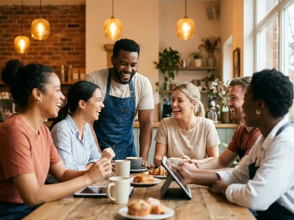 Horecateam lacht samen aan een cafétafel met koffiekopjes en tablets, warm amberkleurig interieur met bakstenen muur op de achtergrond.