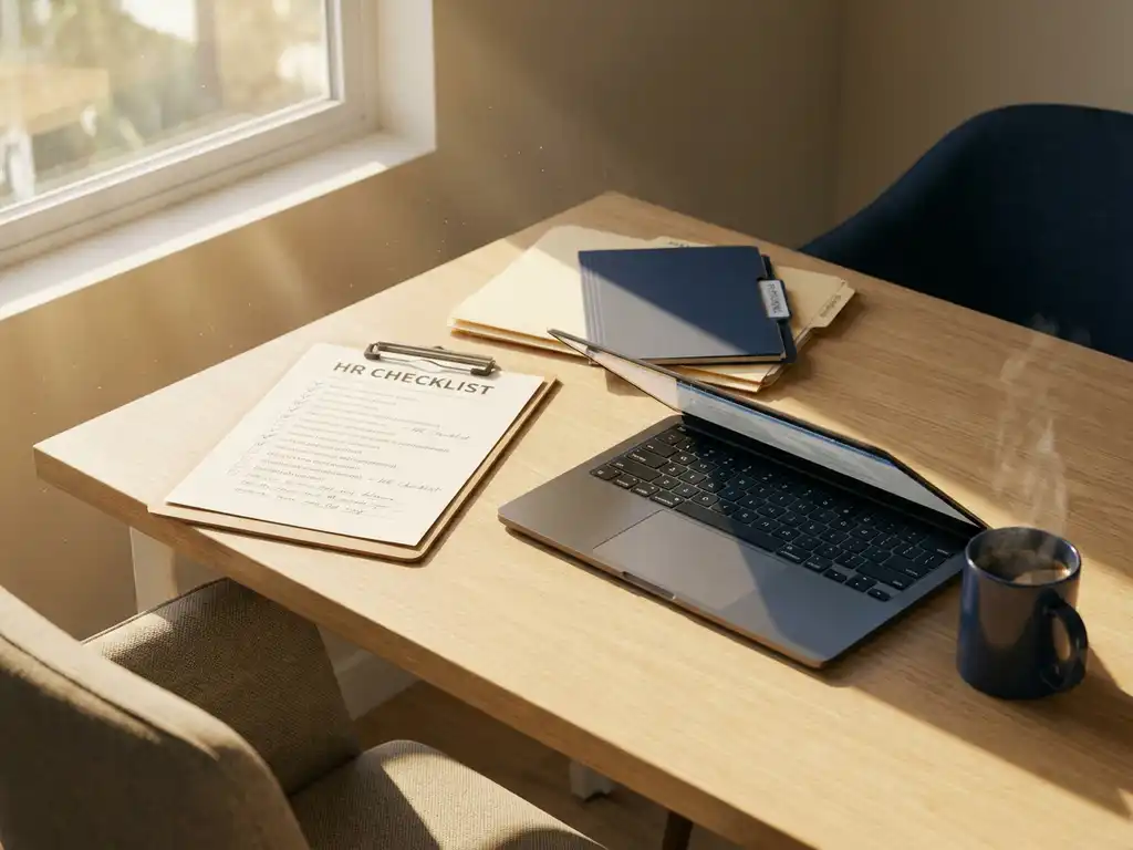 Opgeruimd modern bureau met HR-checklist op klembord, halfopen laptop, personeelsmappen en dampende koffie in warm ochtendlicht.