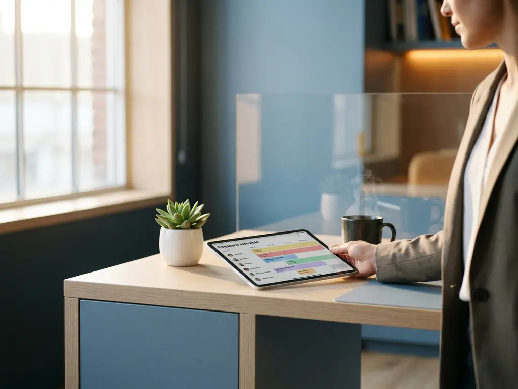 HR-manager schuift tablet met personeelsplanning over modern bureau, koffie en plant op de achtergrond, natuurlijk daglicht.