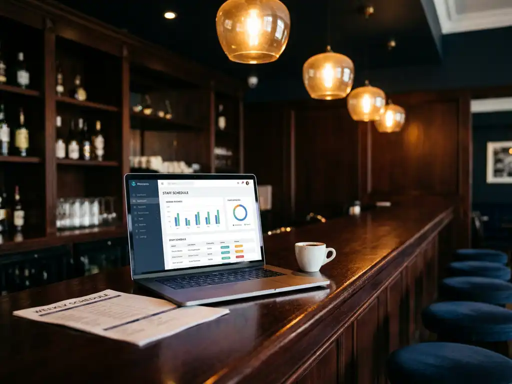 HR-softwaredashboard op laptop op mahonie restaurantbar, naast gevouwen personeelsrooster en espressokopje, warm amberkleurig licht.
