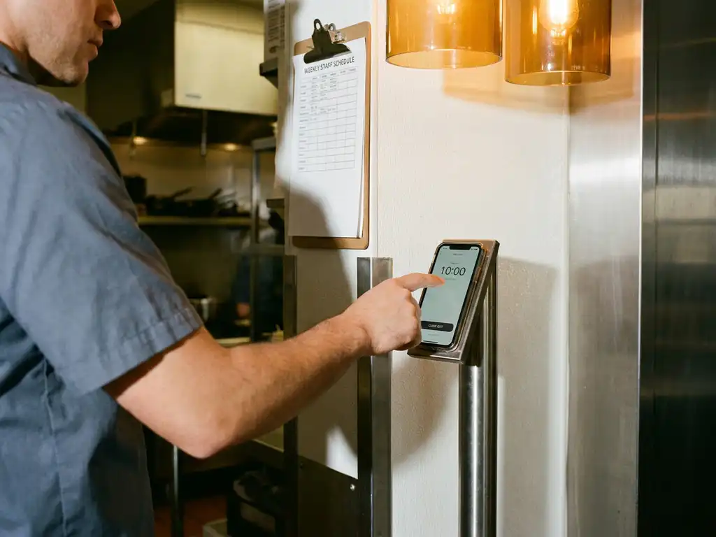 Horecamedewerker klokt uit op smartphone bij keukendoorgang, met weekrooster op klembord en roestvrijstalen oppervlakken op achtergrond.