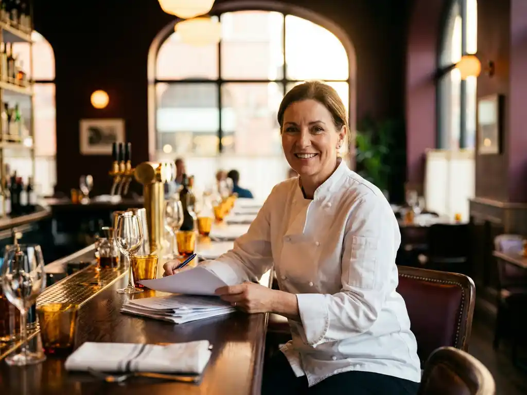 Hospitality manager in wit koksjas bekijkt documenten aan een horecabar, warm avondlicht en gouden tinten.