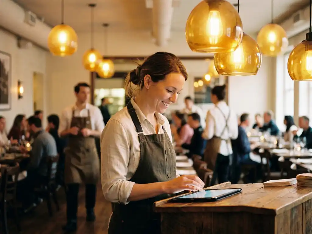 Restaurantmanager in schort bekijkt tablet aan houten toonbank, drukke eetzaal met gouden verlichting op de achtergrond.