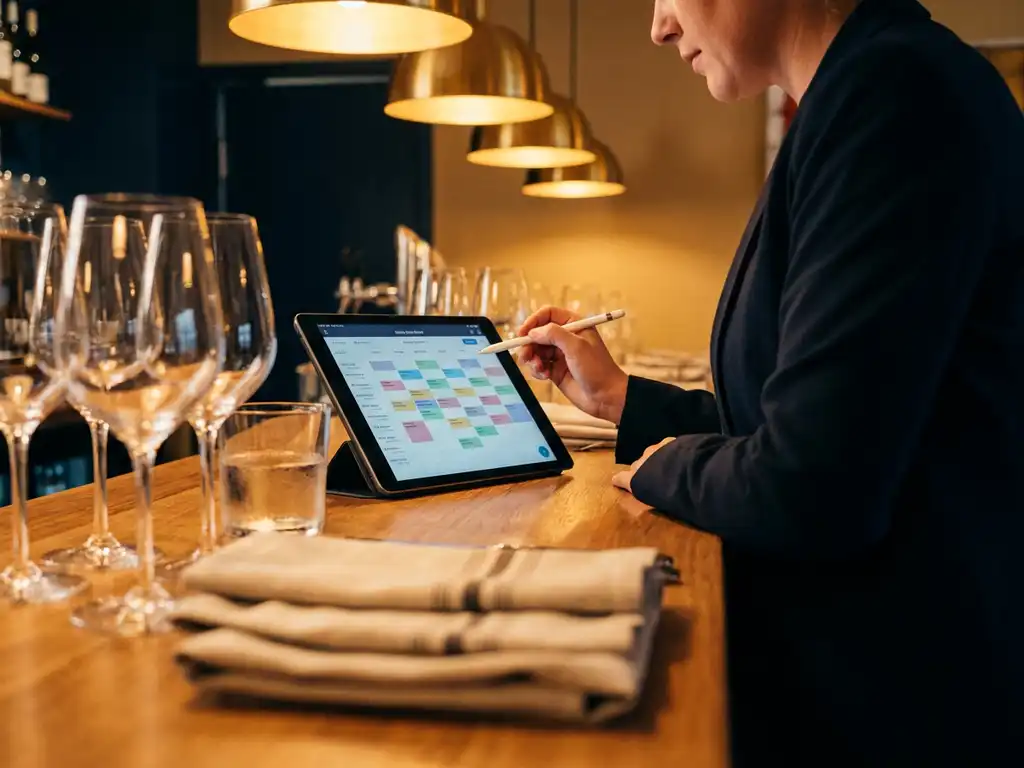 Restaurantmanager bekijkt personeelsrooster op tablet aan houten bartafel, wijnglazen op de achtergrond in warm amberkleurig licht.