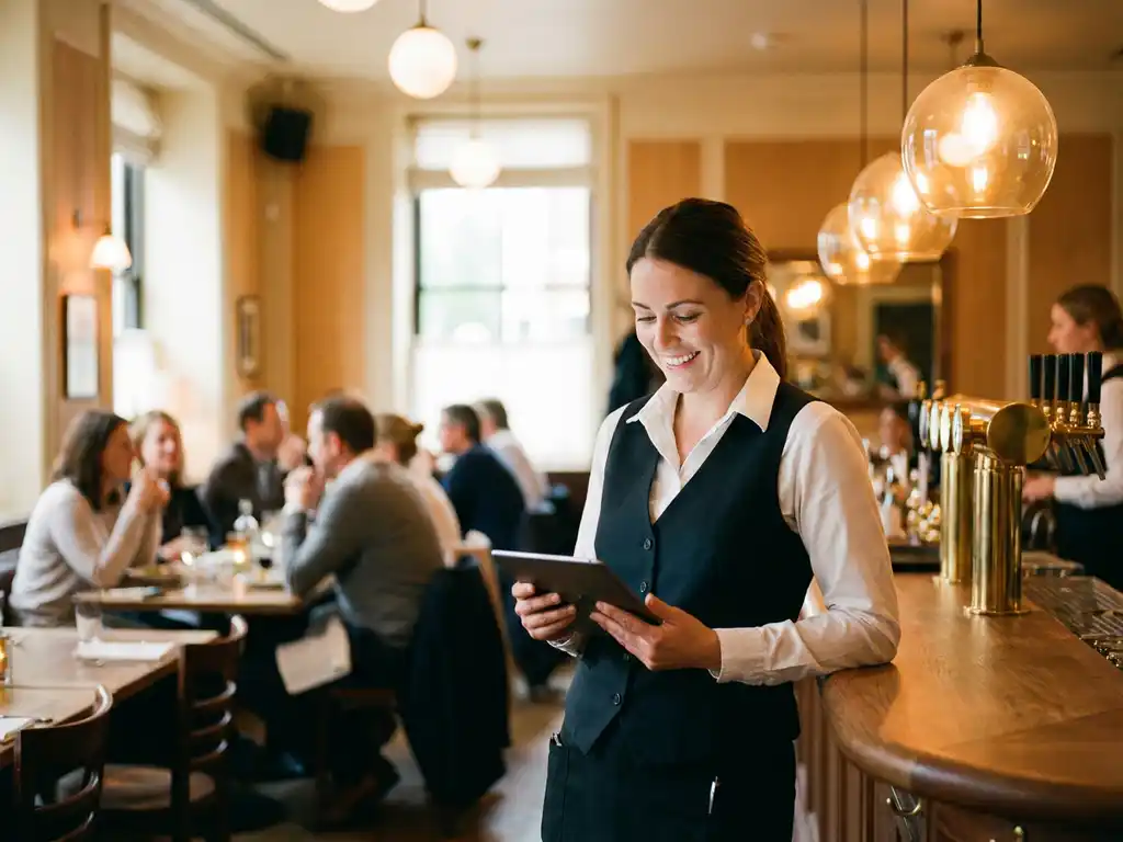 Glimlachende horecamedewerker in uniform bekijkt tablet aan restauranttoonbank, gouden hanglampen en drukke eetzaal op de achtergrond.