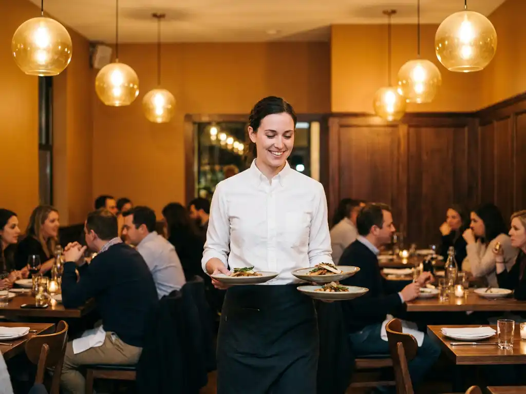 Glimlachende restaurantmedewerker in wit overhemd serveert elegante borden in een warm verlichte eetkamer met gouden hanglampen.