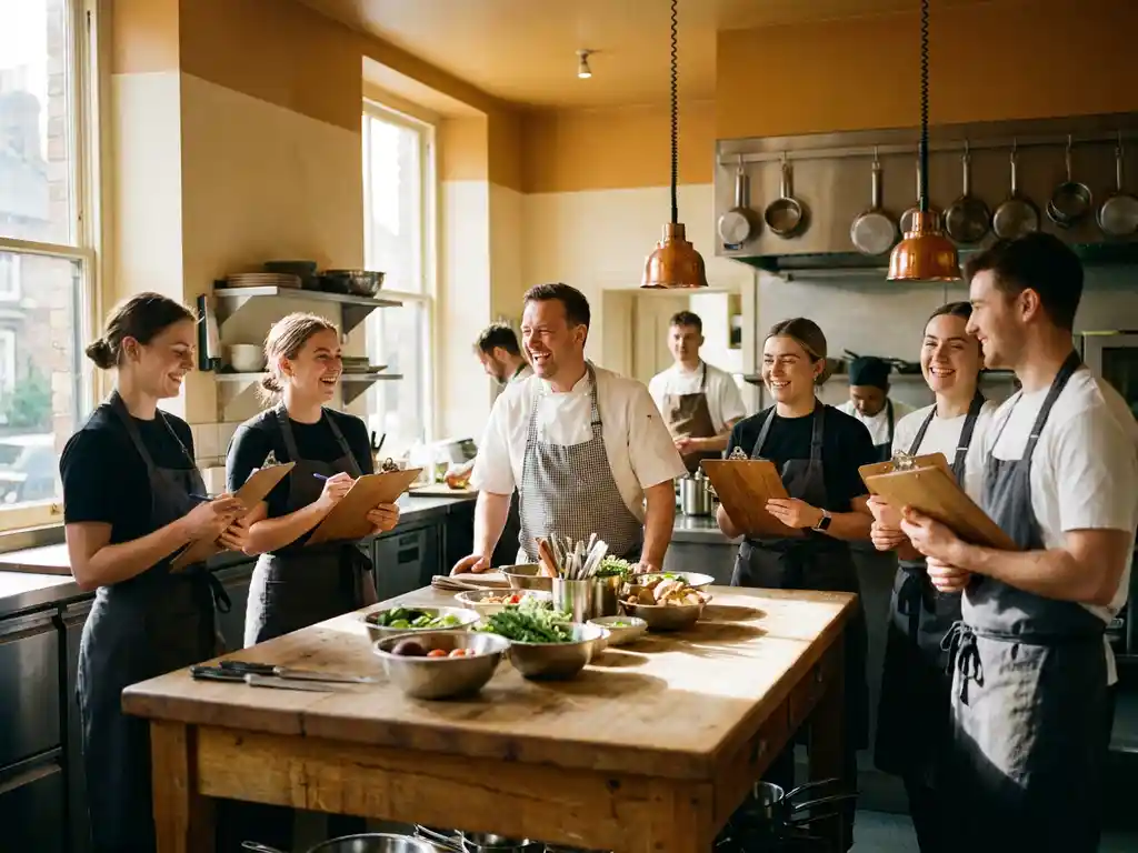 Lachende restaurantmedewerkers rond houten werktafel, chef in wit uniform met bediening met clipboards in warme keukensetting.