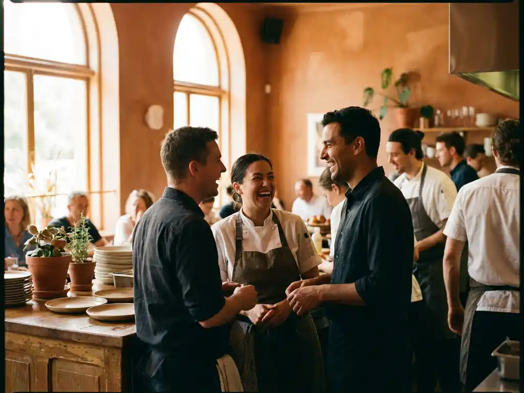 Lachend restaurantteam van kok en bediening achter houten toonbank tijdens drukke lunchservice, warm gouden licht.