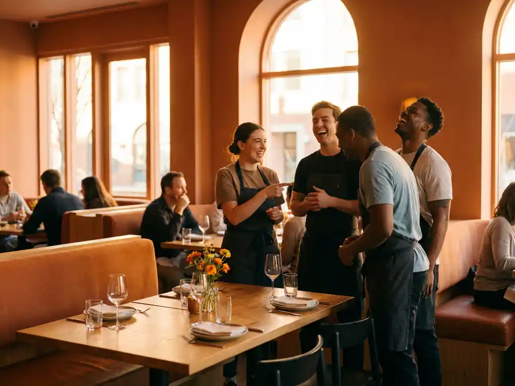 Restaurantteam lacht samen tijdens drukke lunchservice in modern eetcafé met warm amberkleurig licht en gedekte tafels.