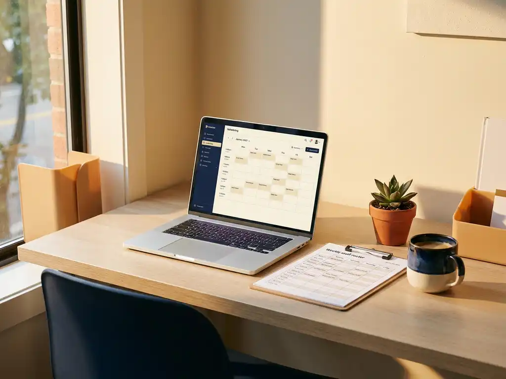 Café back-office bureau met laptop waarop een personeelsrooster zichtbaar is, omringd door een gedrukte weekplanning, koffiemok en kamerplant in warm goudkleurig licht.