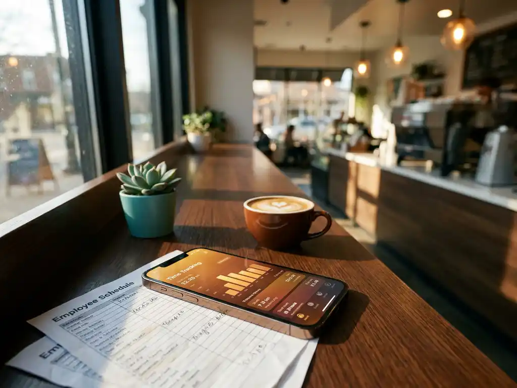 Smartphone met verlicht urenregistratie-dashboard op horecatoonbank, omringd door personeelsroosters, warm cafésfeertje.